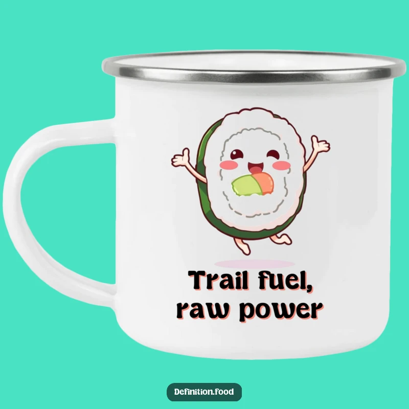 Funny Leaping Sushi Roll Camping Mug: Fuel Your Adventures with Humorous Flair