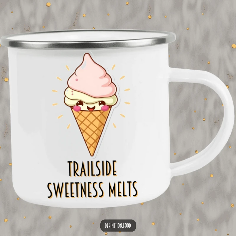Funny camping mug with a cheerful ice cream cone character radiating deliciousness, perfect for outdoor coffee and a funny gift.