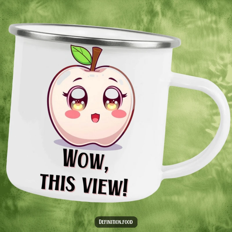 Funny camping mug featuring a candy apple character with wide, sparkling eyes, perfect for enjoying beverages outdoors with a surprised smile.