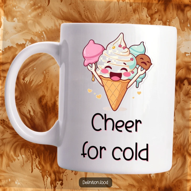 Funny ice cream cone mug, character with multiple scoops cheering loudly, happy and gleeful expression, a sweet funny gift.