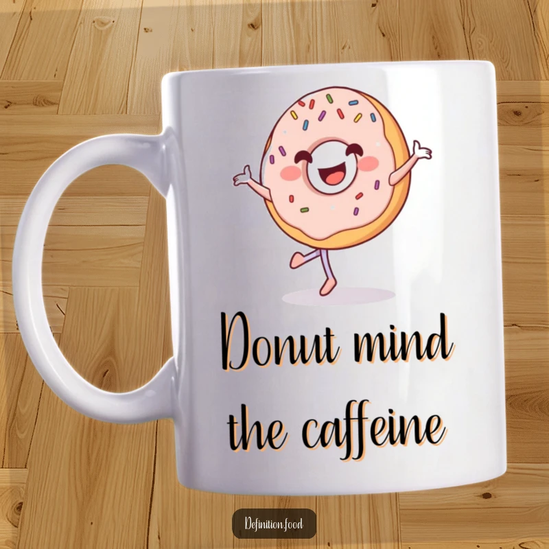 Funny grinning donut mug with sprinkles, captured mid-pirouette with pure, sweet happiness.