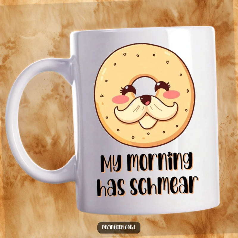Funny mug depicting a smiling bagel character proudly sporting a cream cheese mustache, exuding breakfast charm and wit.