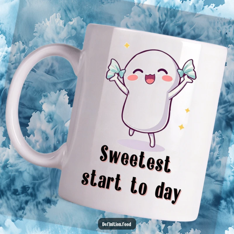 Funny dancing candy mug featuring an excited candy with its wrapper, shimmering with joy and ready to party.