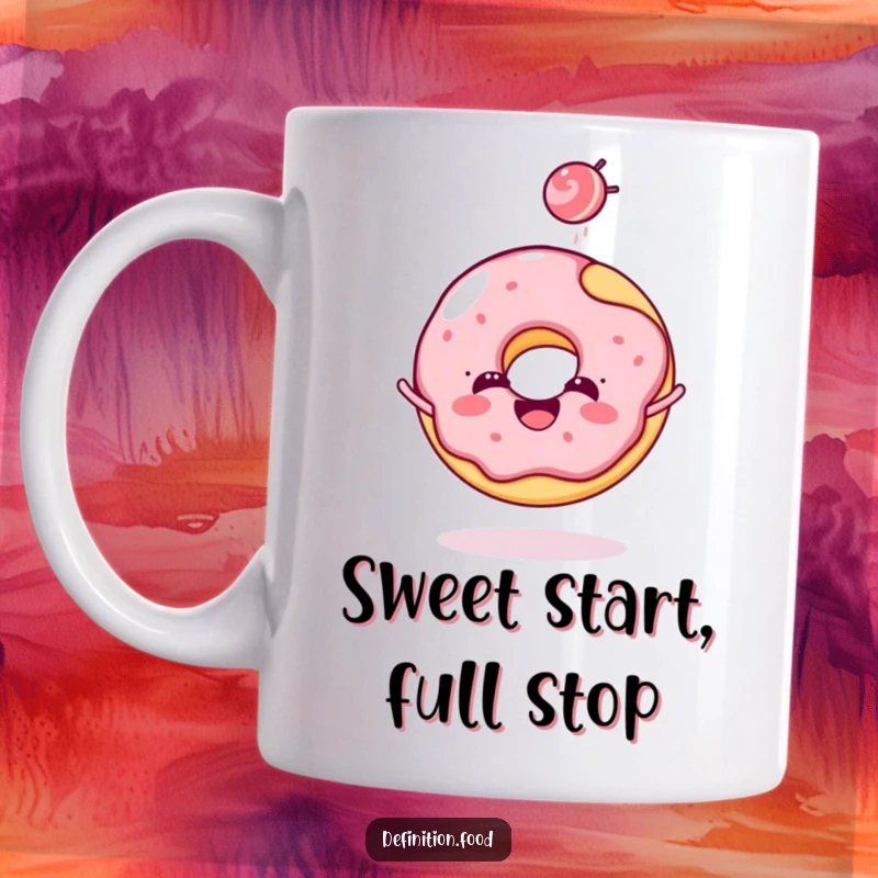 Funny donut mug featuring a cheerful donut character joyfully tossing a tiny candy, spreading sweetness and smiles.