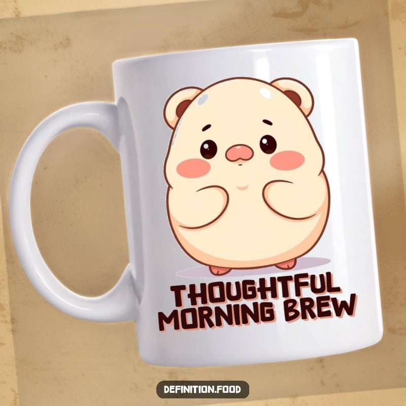 Funny proud dumpling character mug, looking thoughtful, perfect for deep thinkers.