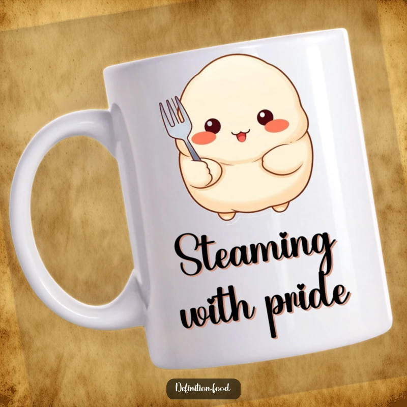 Funny Mug featuring a proud dumpling with rosy cheeks holding a tiny fork, an adorable Asian food-themed delight.