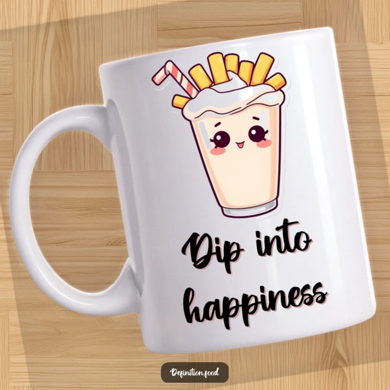Funny mug showing a curious french fry character peeking out from the top of a frothy milkshake.