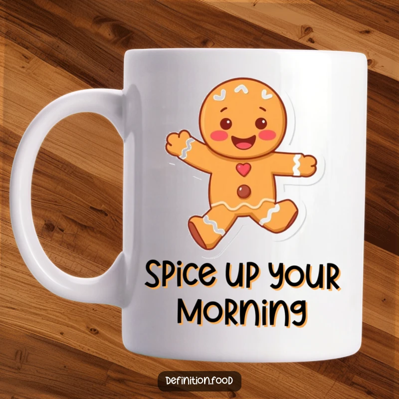 Funny mug depicting a giddy gingerbread man character joyfully skipping, radiating happiness and holiday cheer.