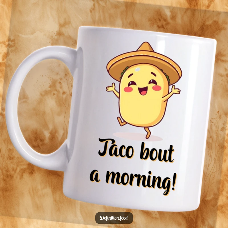 Funny happy taco mug with a sombrero, energetically salsa dancing with pure joy and festive spirit.