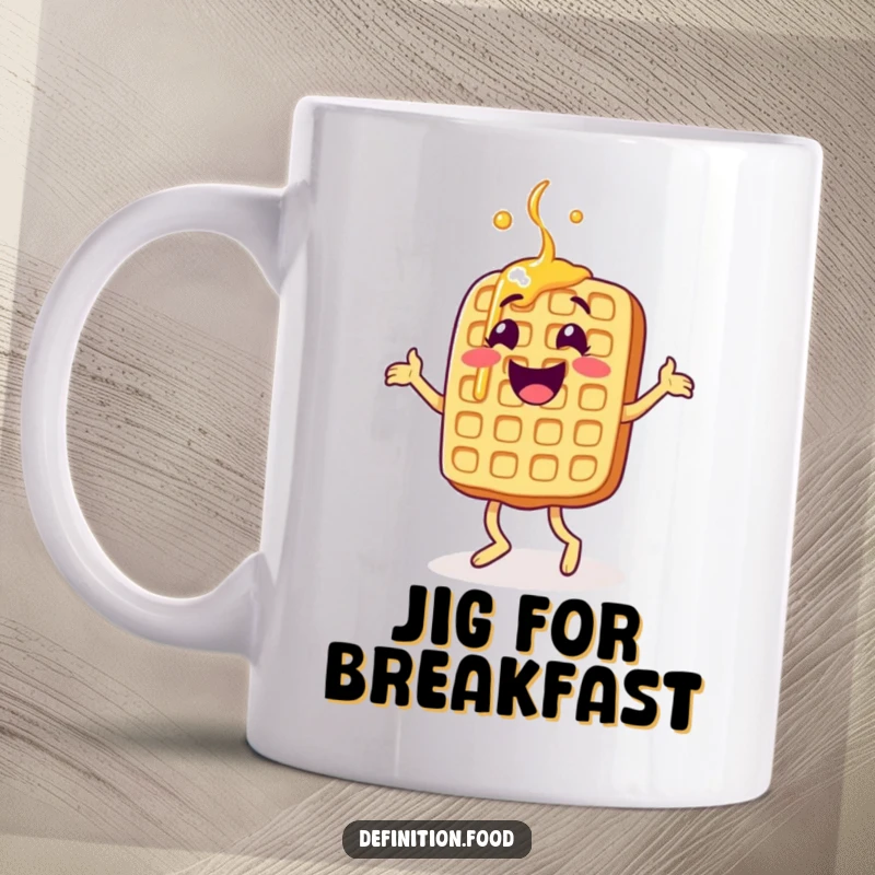Funny waffle mug, character doing a delighted jig, syrup flowing, a cheerful and funny gift.