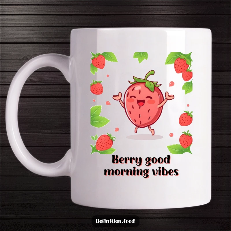 Funny strawberry character joyfully dancing with green leaves, depicted on a cheerful and vibrant mug.