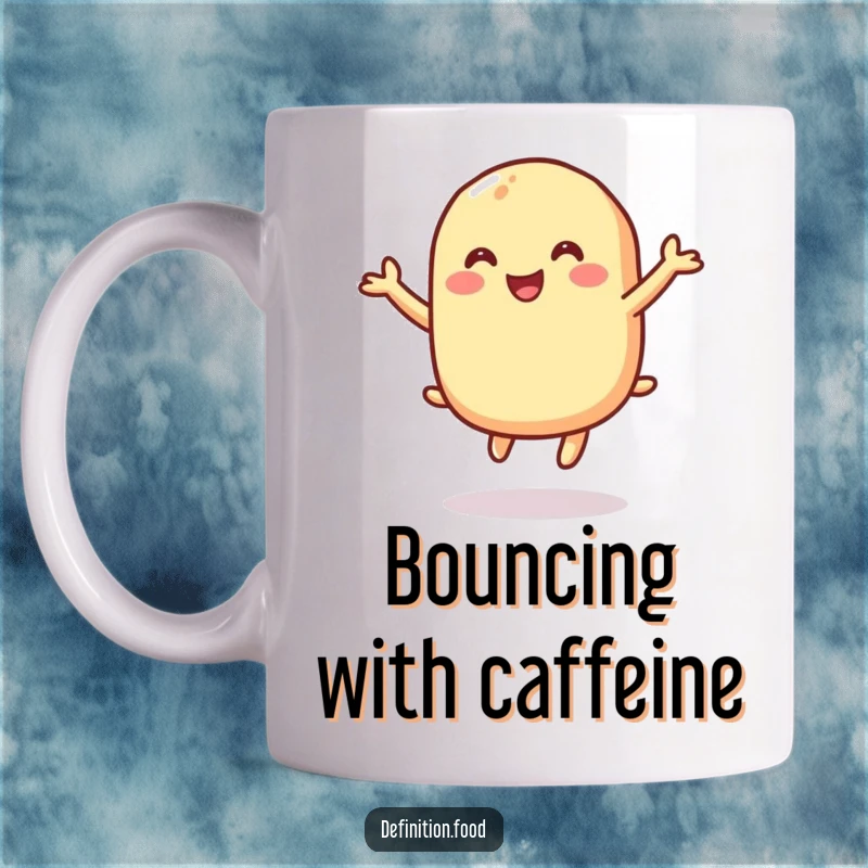 Funny macaroni mug with a character made of pasta gleefully bouncing, perfect for a happy breakfast and a funny gift.