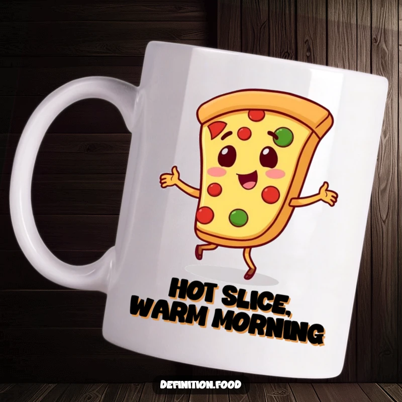 Funny pizza mug featuring a playful slice of pizza character doing a little jig, radiating fun and flavor.
