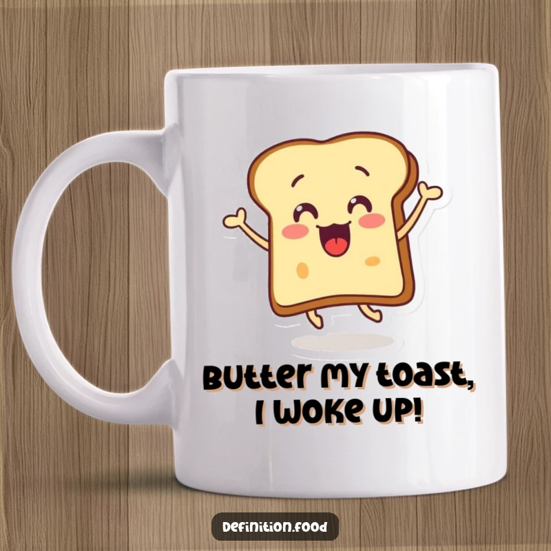 Funny toast butter mug featuring a surprised, happily leaping slice of toast with butter, ready for a fun morning.