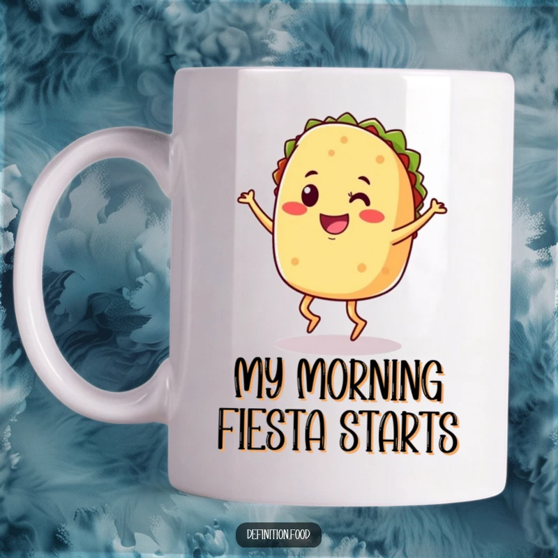 Funny mug showing a smiling taco with legs doing a joyful jig, perfect for breakfast celebrations.