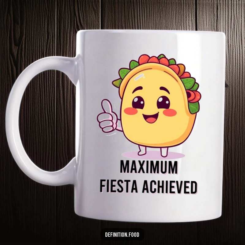 Funny taco mug with a smiling taco character giving a cheerful thumbs up, radiating happiness and deliciousness.