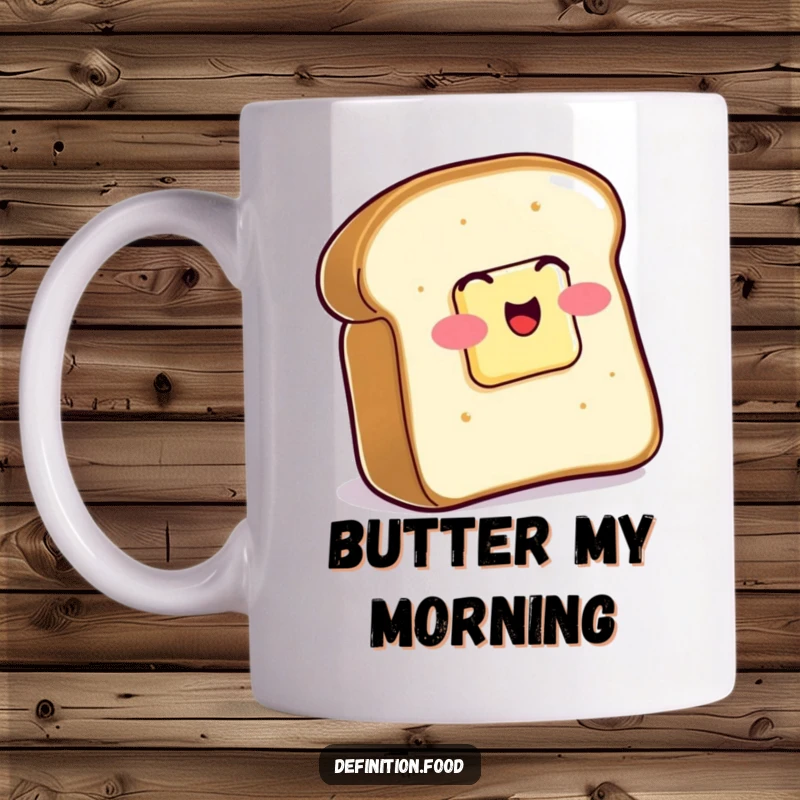 Funny Mug featuring a happy slice of buttered toast wiggling with pure glee, a breakfast-themed delight.
