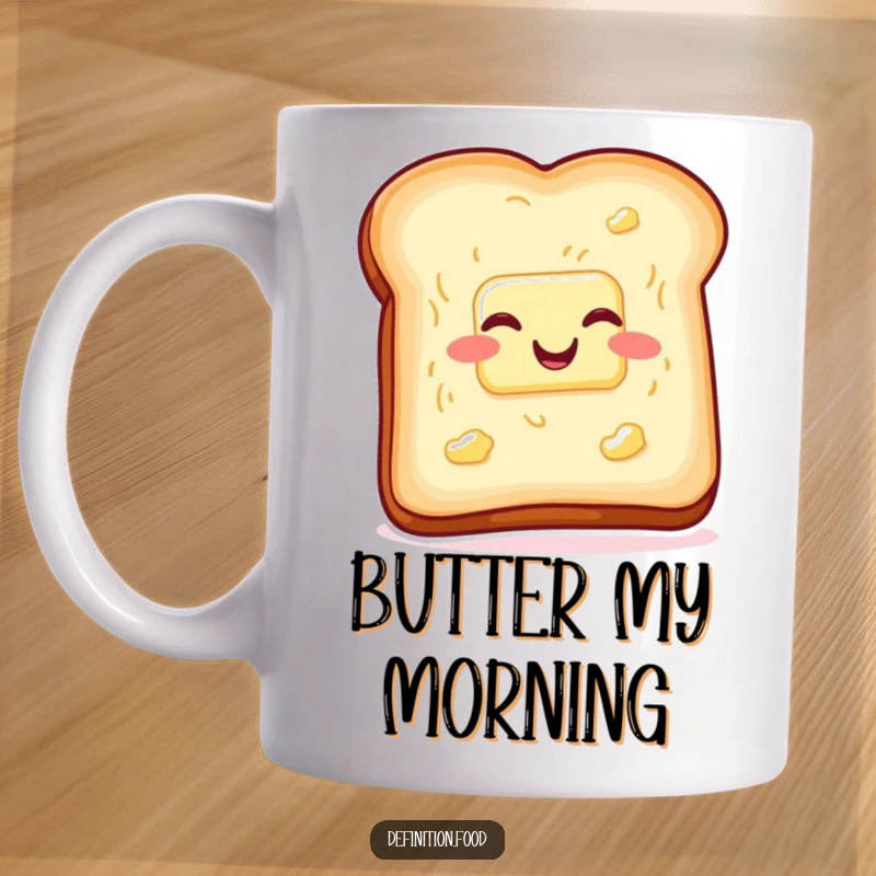 Funny slice of toast with butter mug, wiggling with glee, spreading breakfast humor and joy. Perfect funny gift.
