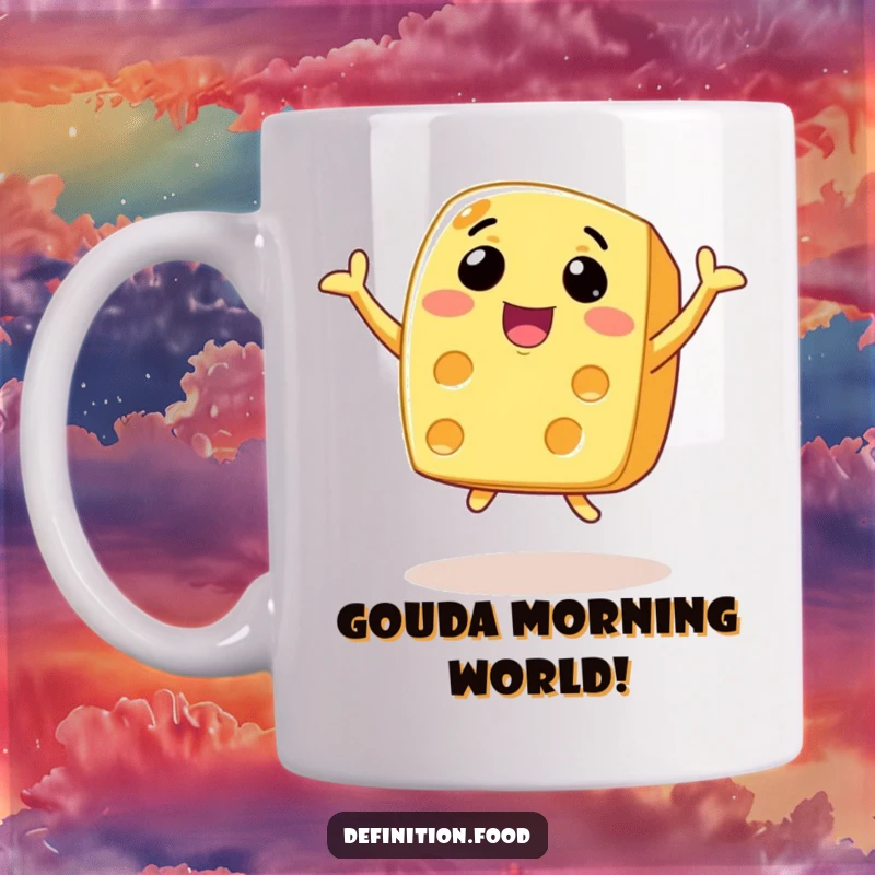 Funny animated cheese mug with a wide smile, captured mid-air, joyfully leaping with enthusiasm.