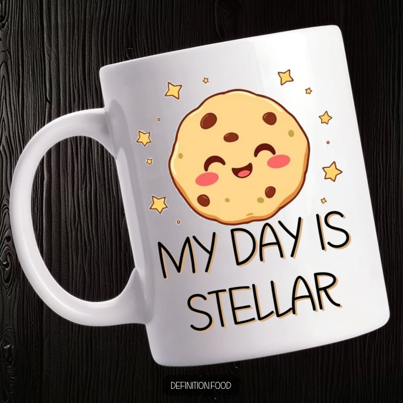 Funny smiling cookie character with tiny stars falling around it on a mug, conveying magic and happiness, a delightful treat gift.