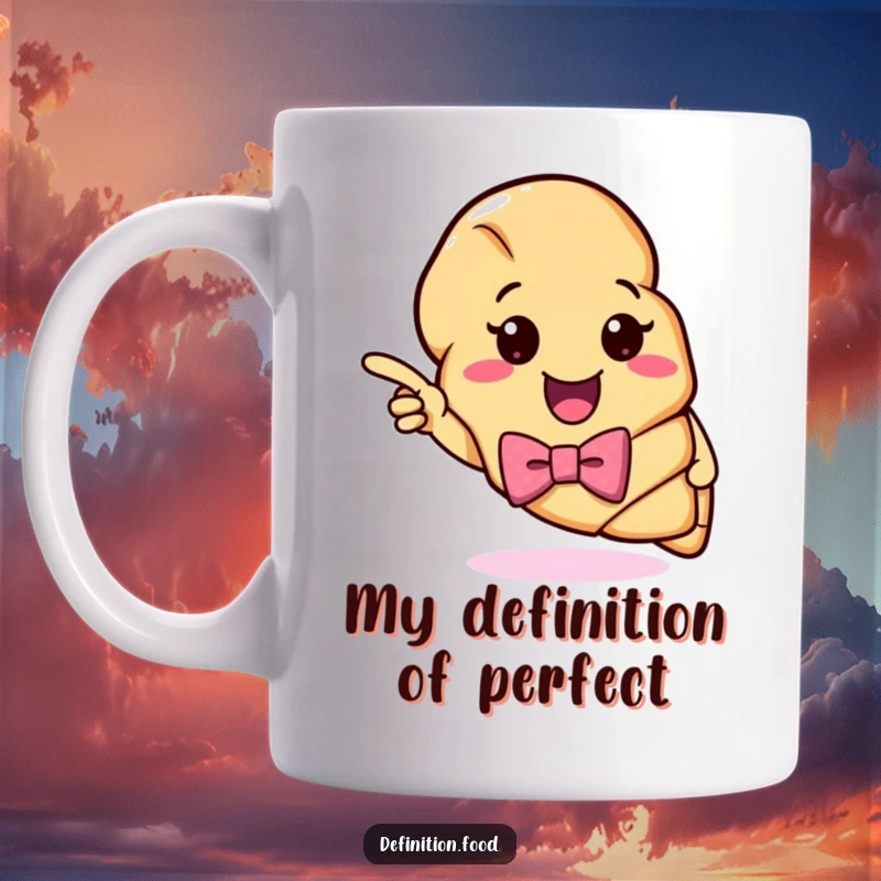 Funny Croissant Definition Mug: A cheerful, bow-tied croissant points to a colorful, witty definition, perfect for a foodie's morning brew.