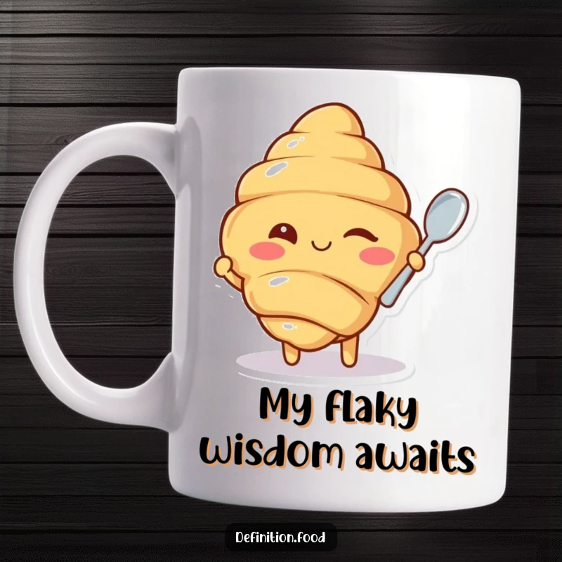 Funny mug with a winking croissant character holding out a miniature spoon, radiating playful charm and a hint of mischief.