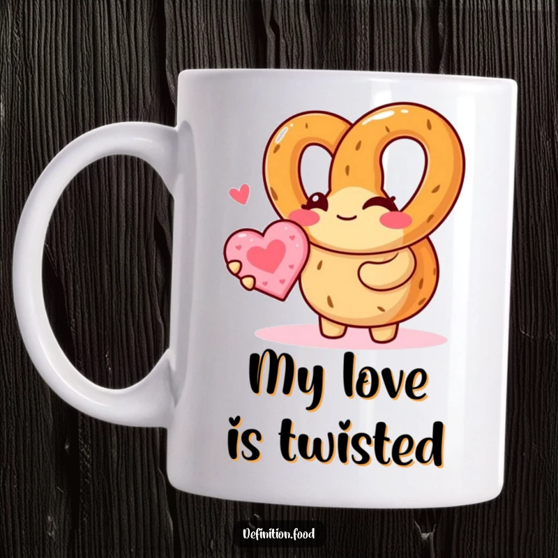 Funny pretzel character winking and holding a tiny heart cookie, offering love on a ceramic mug, a cute and humorous gift.