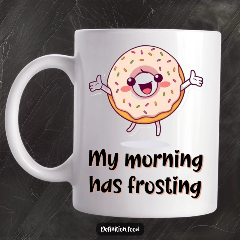 Funny mug depicting a joyful, sprinkle-covered donut character spinning enthusiastically with outstretched arms, radiating pure happiness.