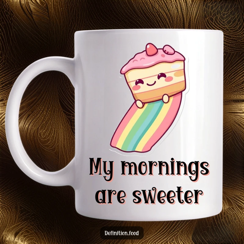 Funny Mug featuring a grinning cake sliding down a vibrant rainbow, spreading cheer and sweetness, perfect for dessert lovers.