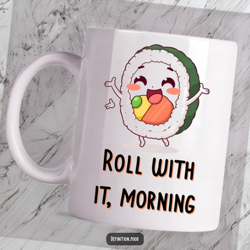 Funny sushi mug depicting a delighted sushi roll character performing a happy pirouette with grace and joy.