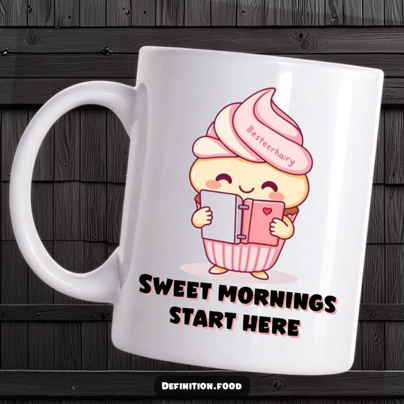 Funny smiling cupcake character mug, holding a mini dictionary, ideal for book lovers.