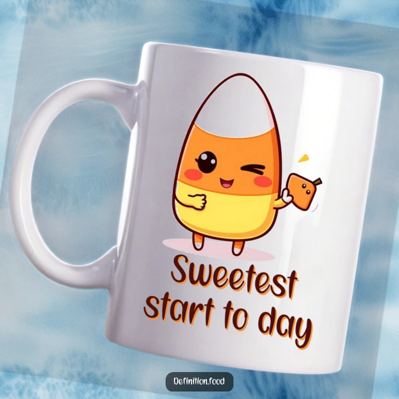 Funny candy corn character winking and pointing at a simple food icon on a mug, perfect for snack lovers.