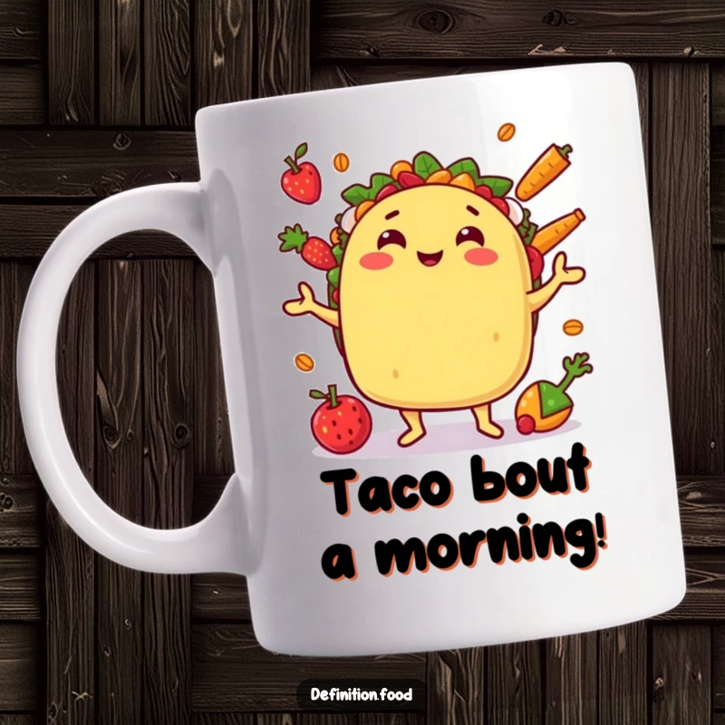 Funny taco mug with a grinning character juggling ingredients like lettuce and cheese, a humorous food design.