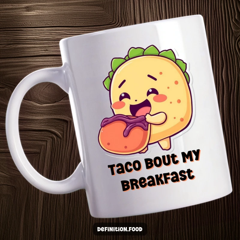 Funny mug with a cheerful taco character taking a massive bite out of another taco, symbolizing ultimate taco devotion.