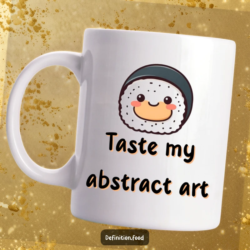 Funny sushi roll mug, cheerful sushi character holding a tiny abstract food shape, celebrating art and cuisine.