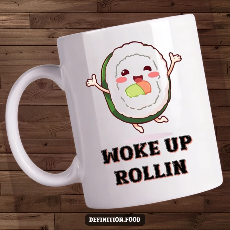 Funny sushi roll mug with a smiling character joyfully leaping, a humorous and energetic design for food enthusiasts.