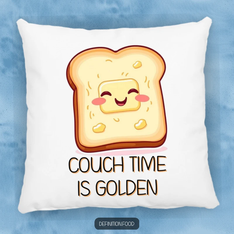 Soft funny toast and butter pillow, wiggling with glee, providing comfort and playful breakfast humor. Ideal funny gift.