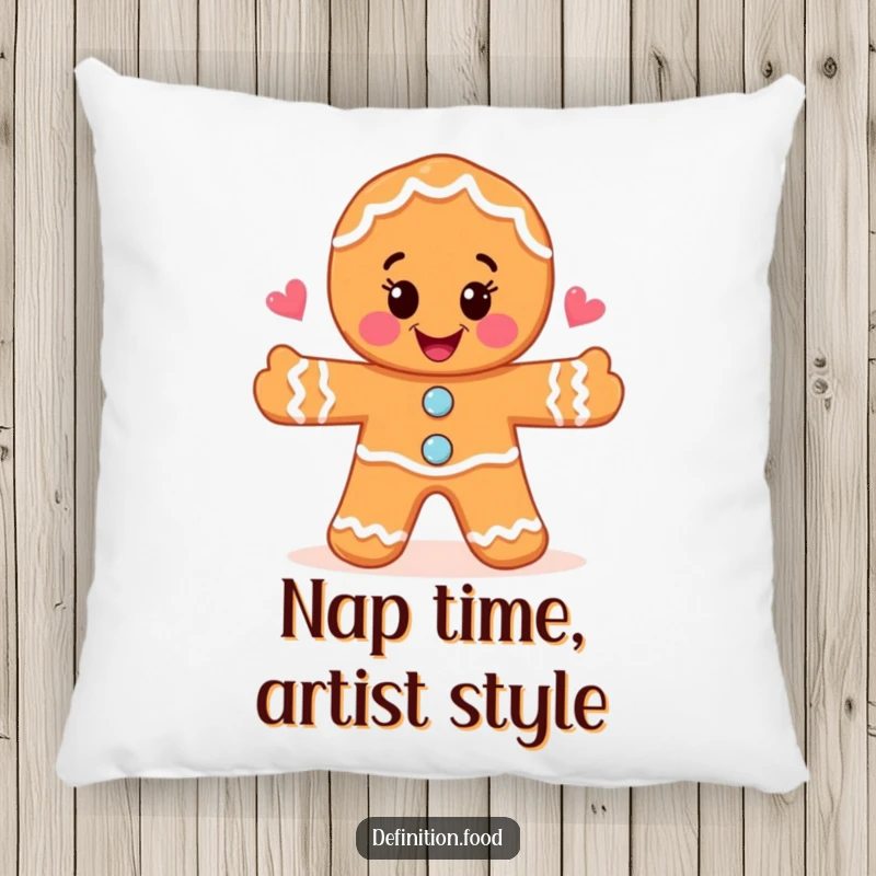 Funny joyful gingerbread man illustrating a whimsical food scene on a soft pillow, adding comfort and artful charm.