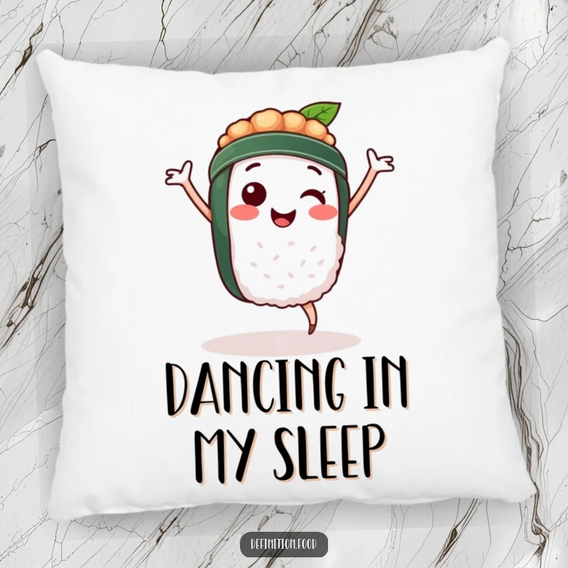 Funny pillow design of a happy sushi character performing a lively dance, perfect for adding comfort and a humorous touch.