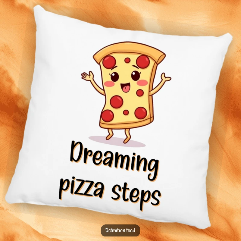 Funny pillow design of a giggling pizza slice with pepperoni spots joyfully dancing the tango, adding comfort and humor.