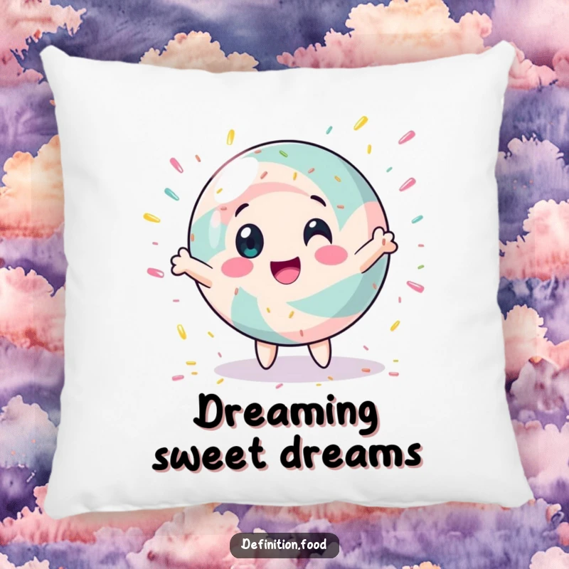 Funny candy pillow depicting a spinning character with sprinkles, offering soft, humorous comfort and decor.