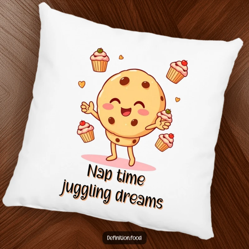 Funny pillow illustration of a cookie character engrossed in the act of juggling small, colorful cupcakes with a joyful expression.