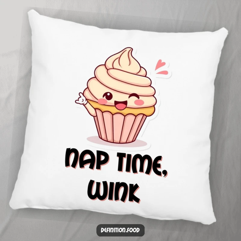 Funny pillow featuring a cheerful cupcake character giving a playful wink, perfect for adding comfort and humor to any room, a funny gift.