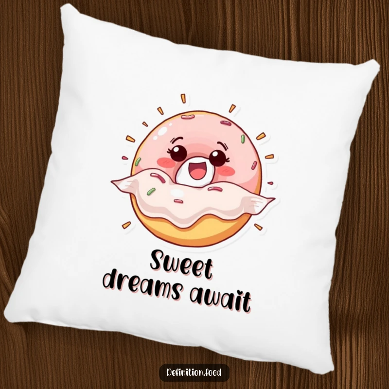 Funny happy donut character bursting from its wrapper on a plush pillow, offering comfort and a cheerful, sweet vibe.