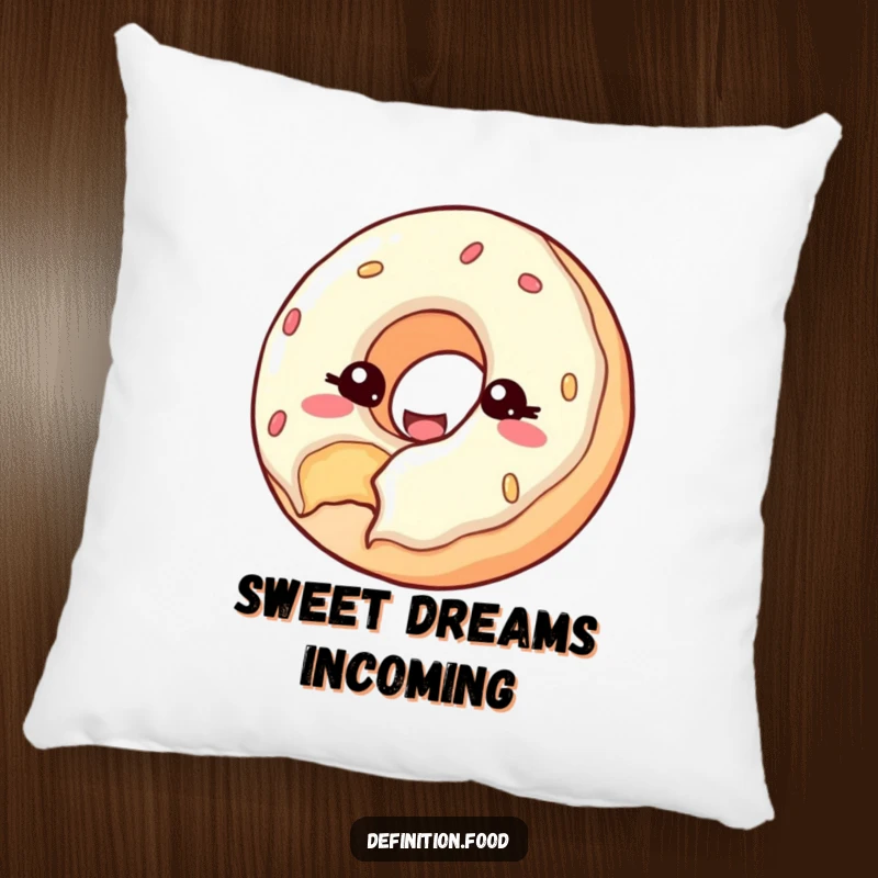 Funny pillow with a happy donut with a bite taken out, winking at the viewer, ideal for comfort.