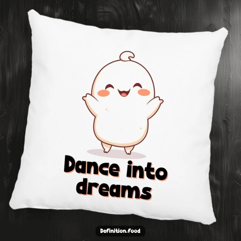 Funny pillow featuring a smiling dumpling character doing a cute dance, perfect for cozy comfort and a funny gift.