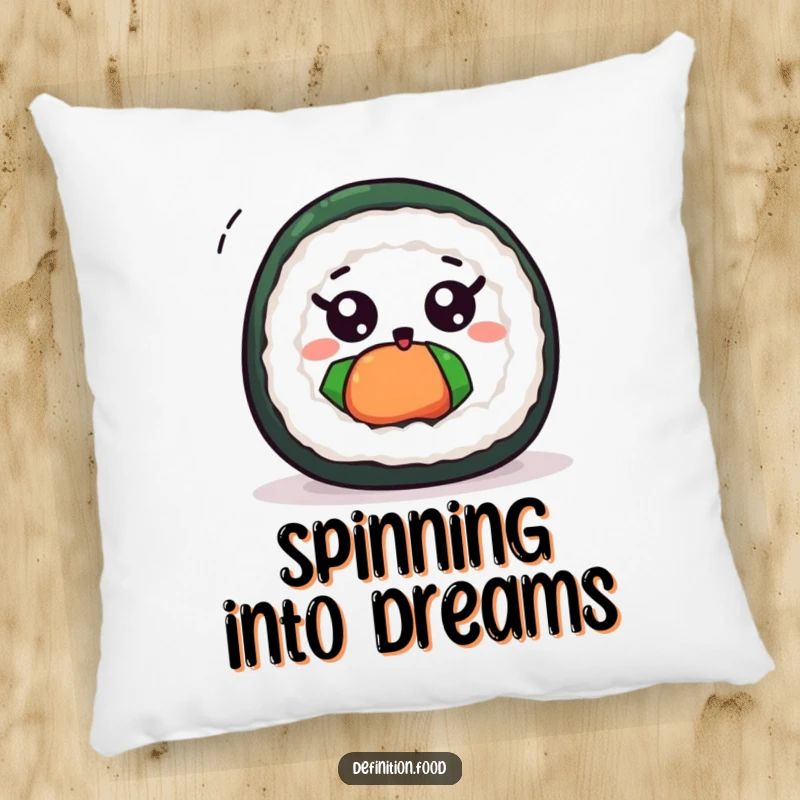 Funny cute sushi roll pillow featuring wide eyes and a dynamic, excited spin, perfect for relaxing.