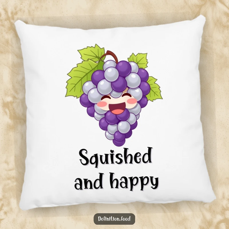 Funny grapes pillow featuring a giggling bunch of grapes bursting with joy, bringing comfort and cheer.