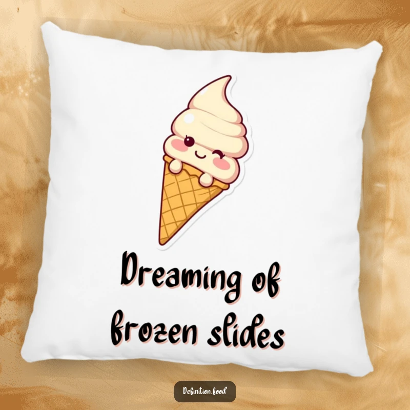 Funny ice cream cone character sliding down a waffle cone, a soft and humorous pillow for cozy, funny vibes.