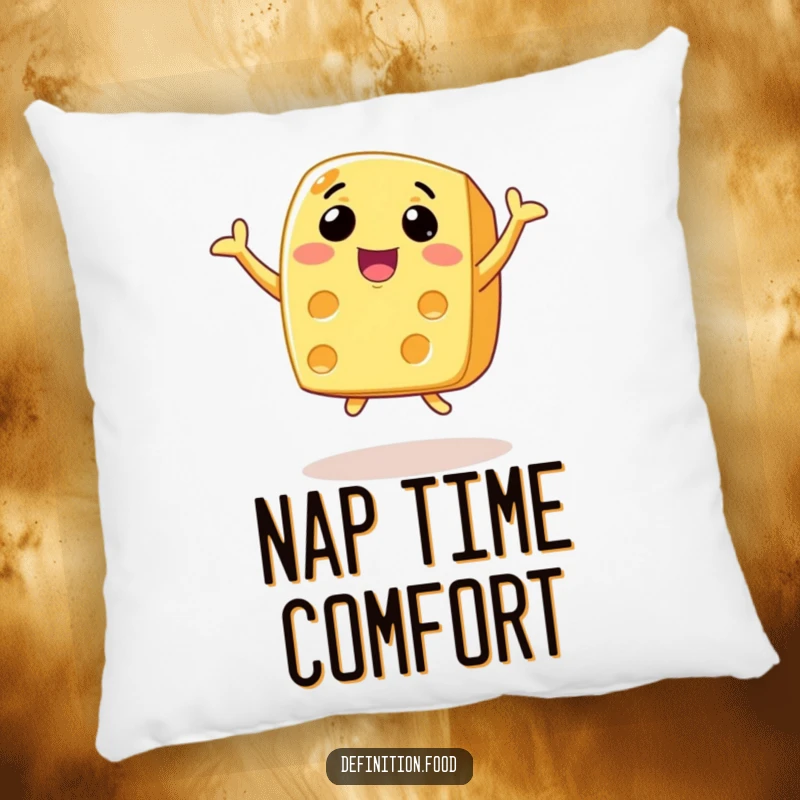 Funny animated cheese pillow with a wide smile, joyfully leaping, perfect for sweet, comfortable lounging.